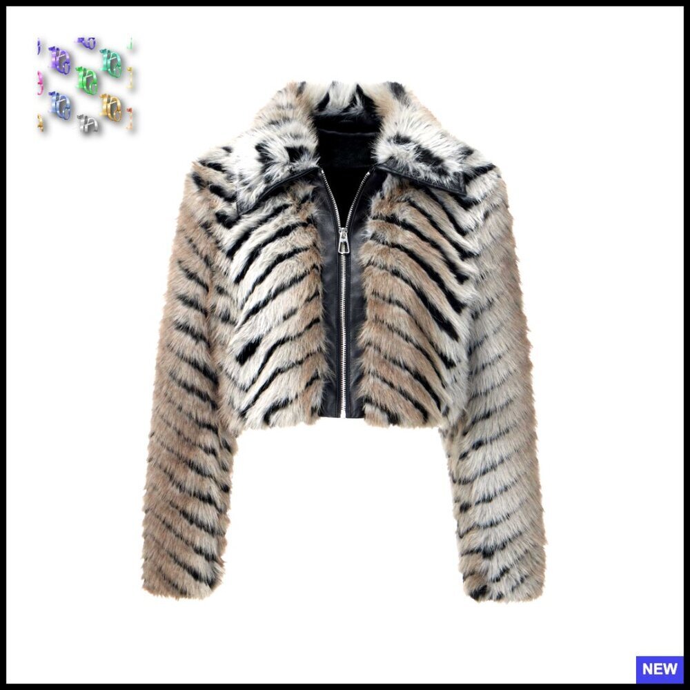 Faux Fur Leather Jacket Cropped Aviator Style Striped Fitted Outerwear